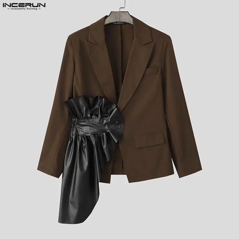 INCERUN Men Blazer Ruffle Patchwork Lapel Long Sleeve Male Suit Streetwear Elegant One Button Fashion Casual Thin Coats Men 2025
