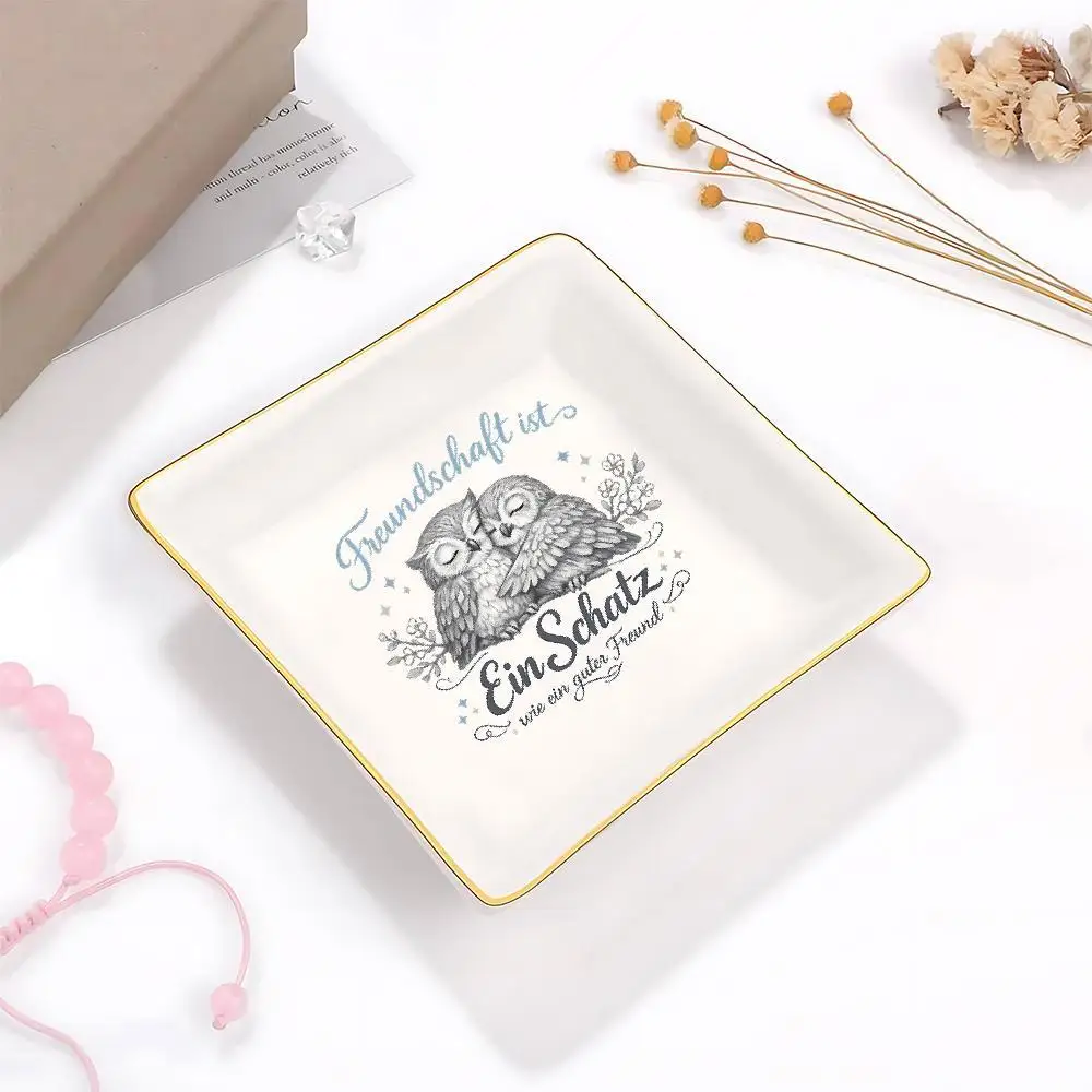Jewelry Trays Pair of Owls Square Ceramic Jewelry Tray, Whimsical Heartfelt German Friendship Quote Design, Gold-Rimmed White De
