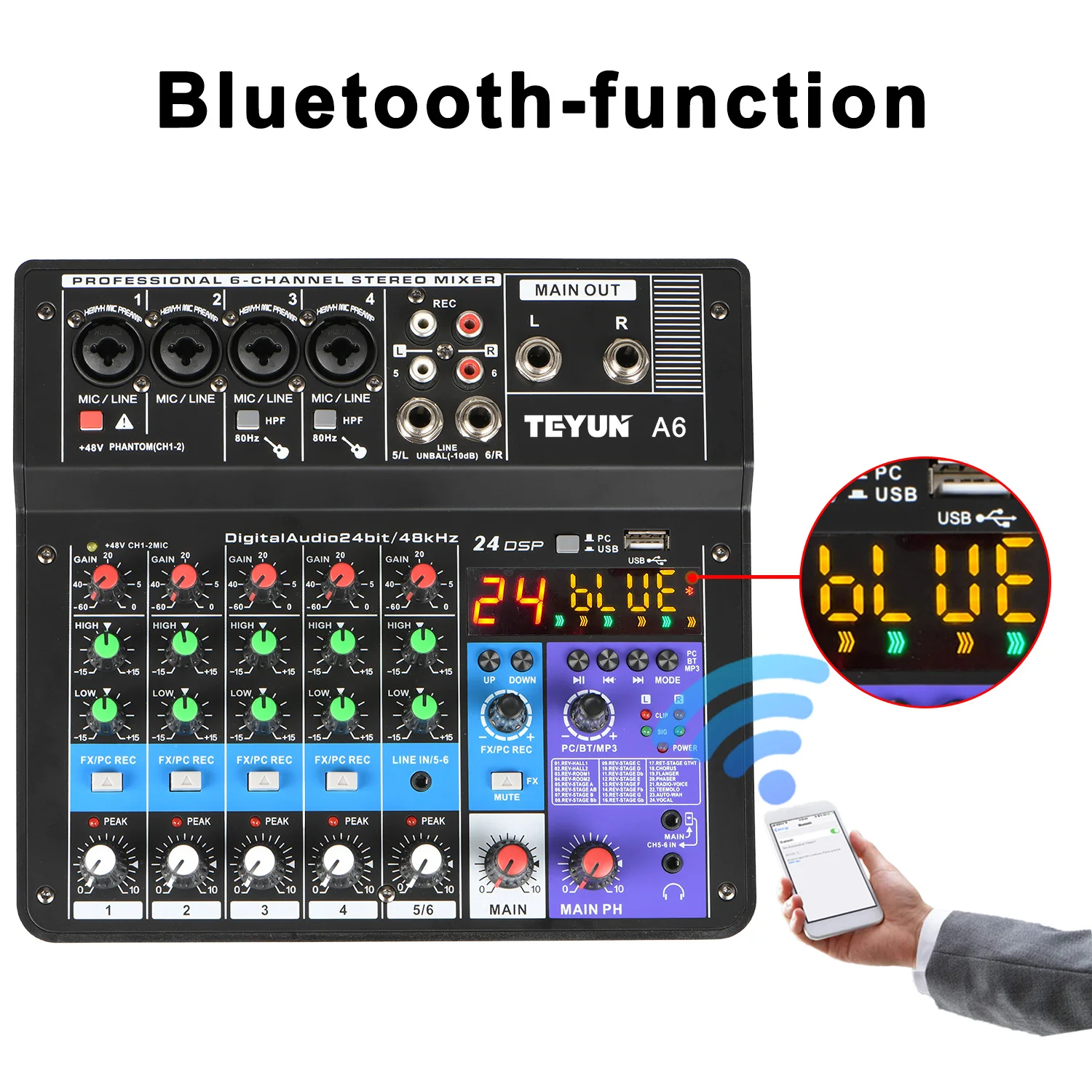 6 Channels Sound Mixing Console  Bluetooth Mobile USB Record Computer Playback 48V Phantom Power Input Audio Mixer A6