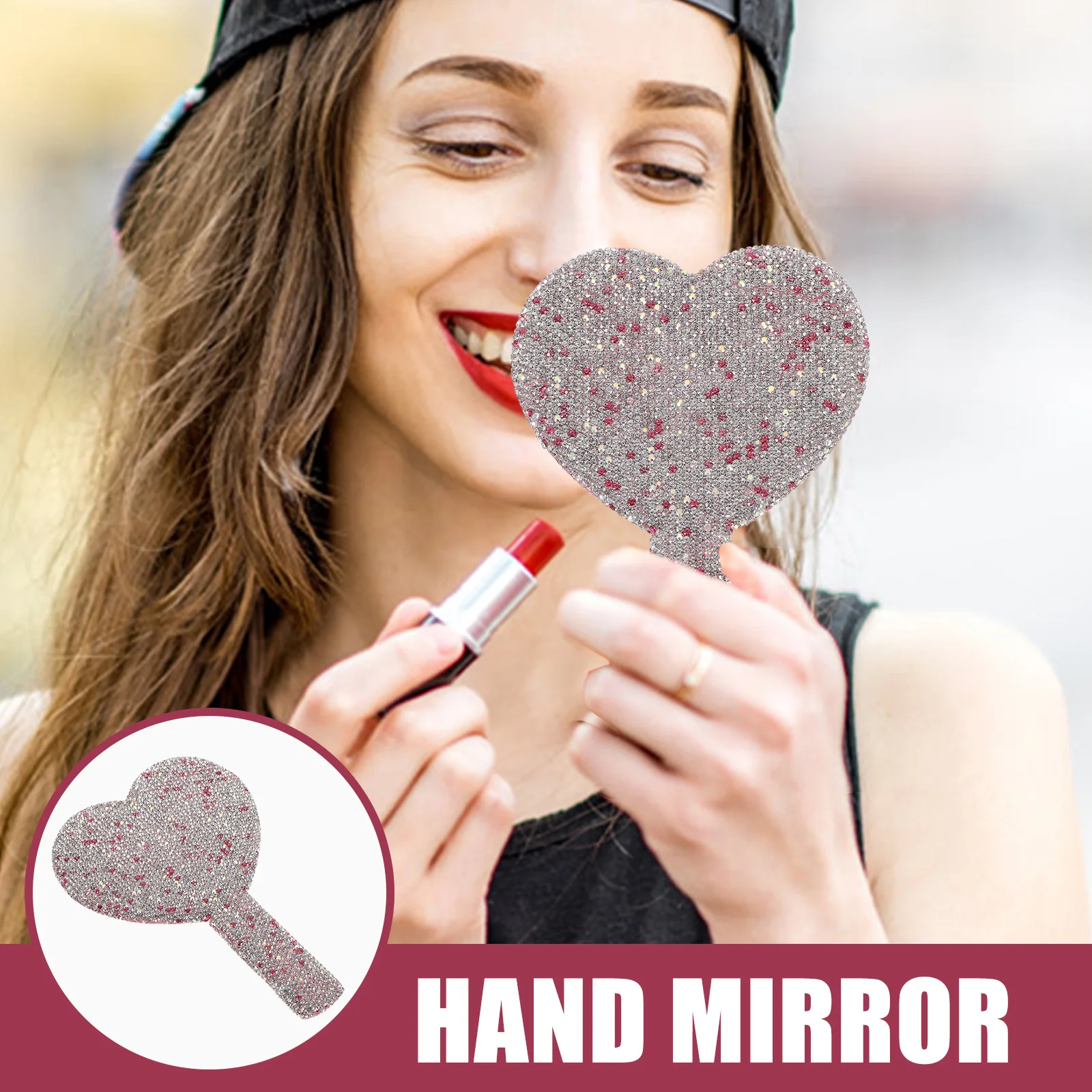 Espelho em forma de coração strass bolsa maquiagem compacta portátil viagem durável material abs requintado artesanato claro