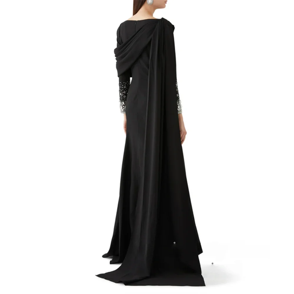 AdoreCustomized Arabisches Ballkleid mit U-Ausschnitt und langen Ärmeln, Kristallstein, saudfarbenes arabisches Abendkleid mit Umhang, schwarzes Meerjungfrau-Partykleid