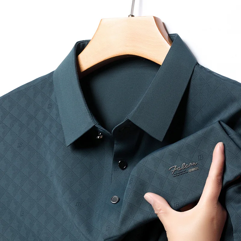 High end men's brocade ammonia seamless ice silk short sleeved polo shirt men's business casual jacquard lapel T-shirt