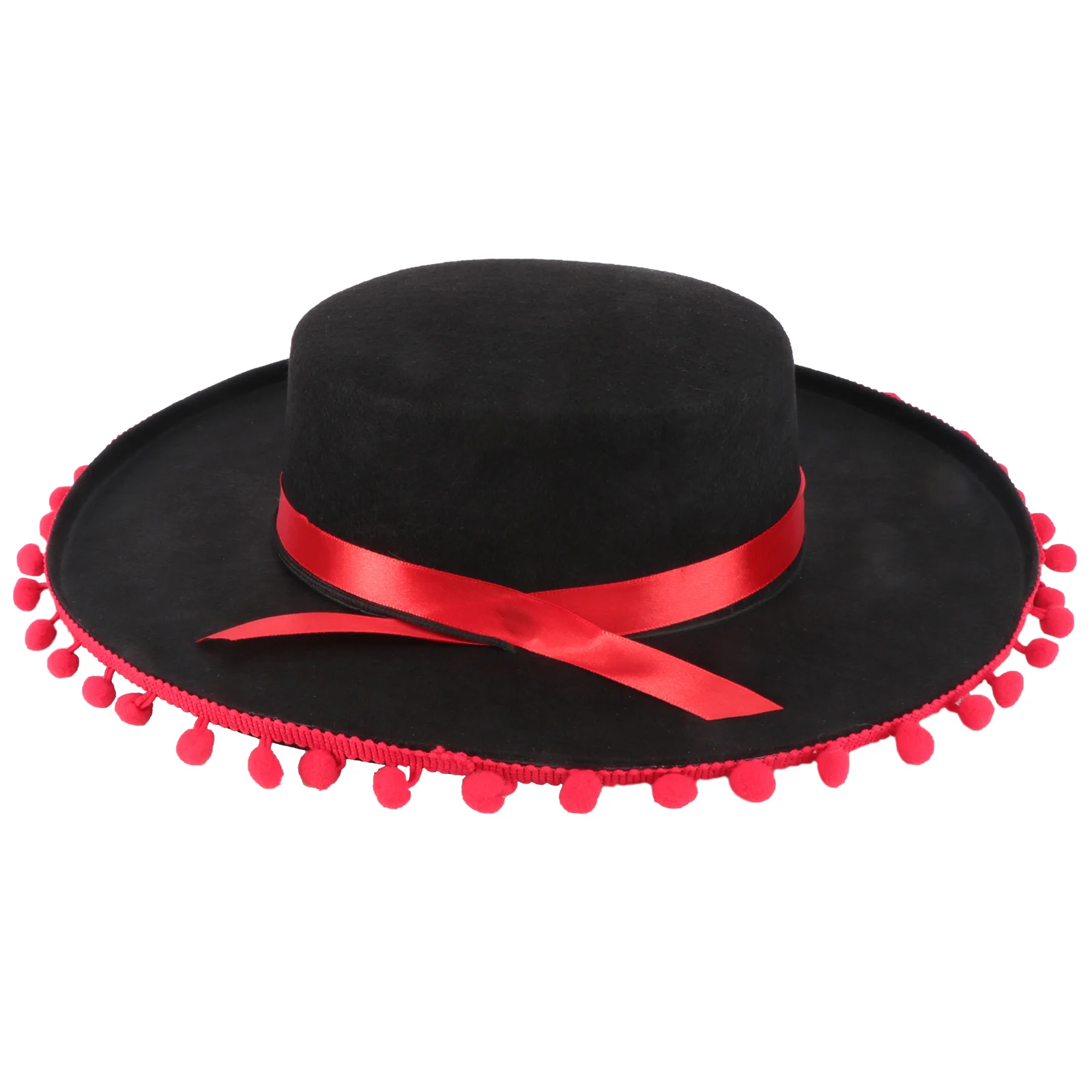 

Fashion Felt Hat Red Hair Ball Ribbon Mexican Hat Dancing Party Performance Hat (Black+Red)