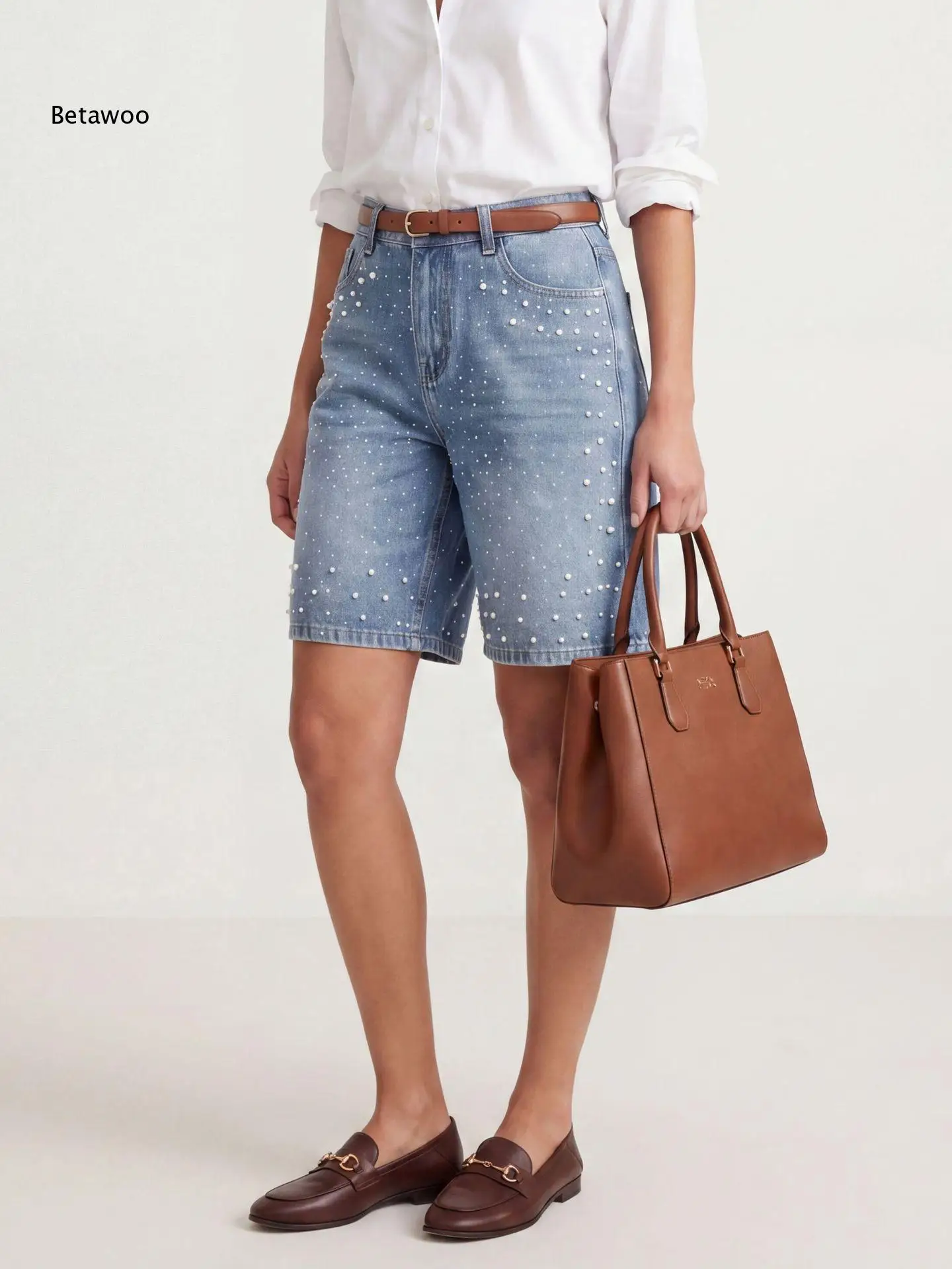 Women's High-Waist Rhinestone Embellished Denim Bermuda Shorts with Straight Leg Cut, Casual Summer Streetwear Bottoms