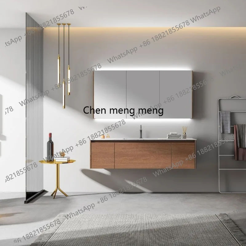 

Walnut bathroom mirror cabinet multi-layer solid wood hanging cabinet rock slab ceramic integrated basin cabinet washbasin