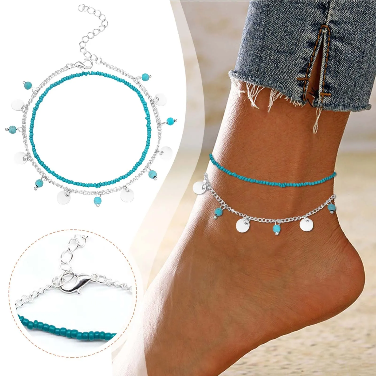 Anklets For Women Waterproof Sterling Silver 2pc Women Beach Ocean Cute Design Bohemian Turquoise Bead Sequins Yhpup Jewelry