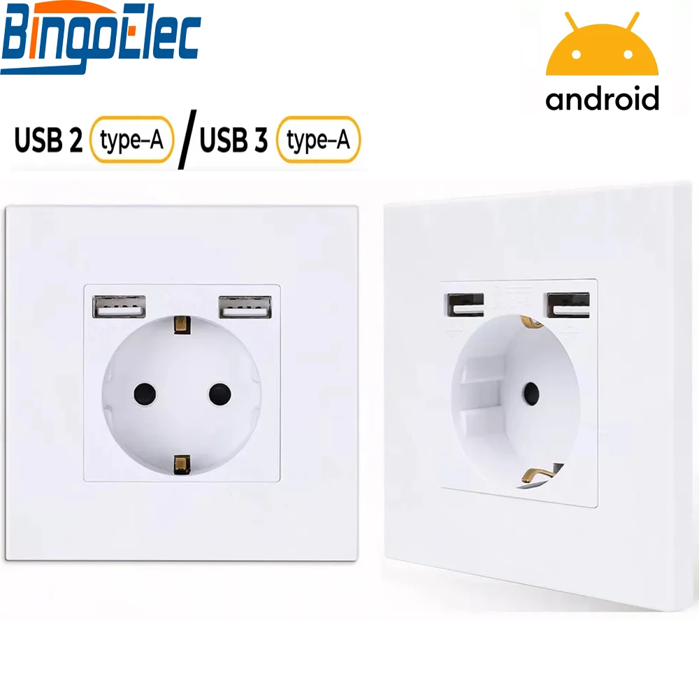 Wall Type Dual USB Power Socket 2.1A, Electrical socket wall plug with usb, 16A 220V outlet, German EU Standard Socket