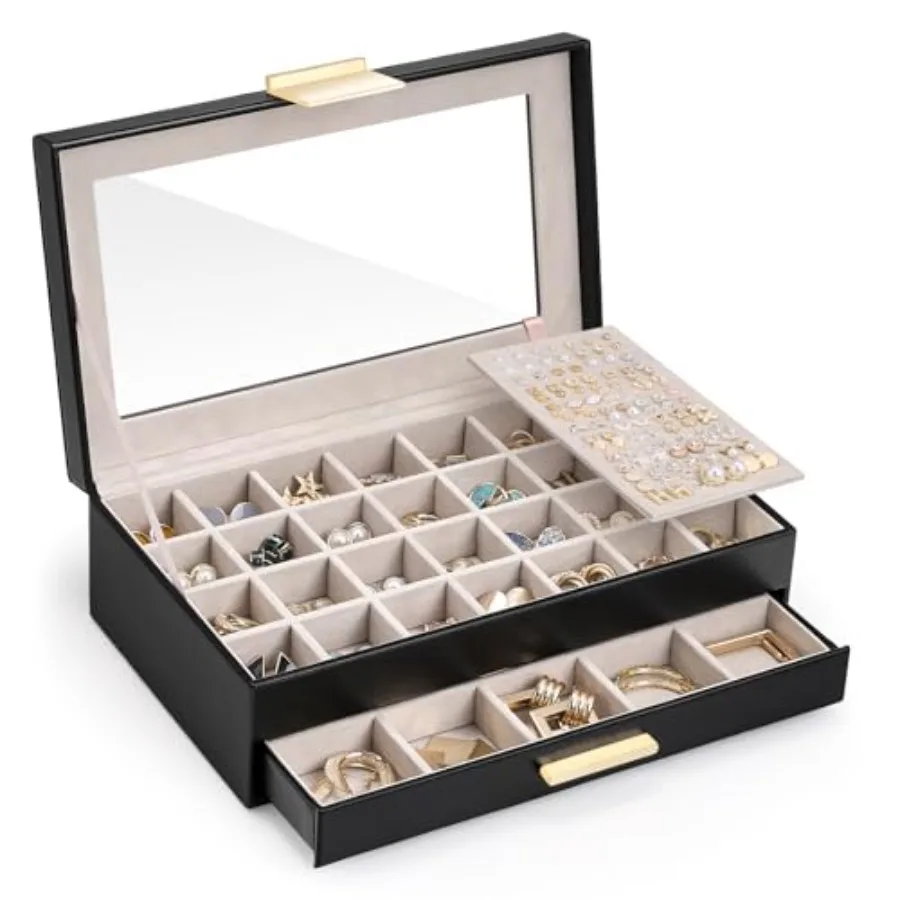 

Earring Storage Box Case Large Earring Jewelry Holder Organizer for Women Glass Top Display with Drawer and Grid -2 Tiers Black