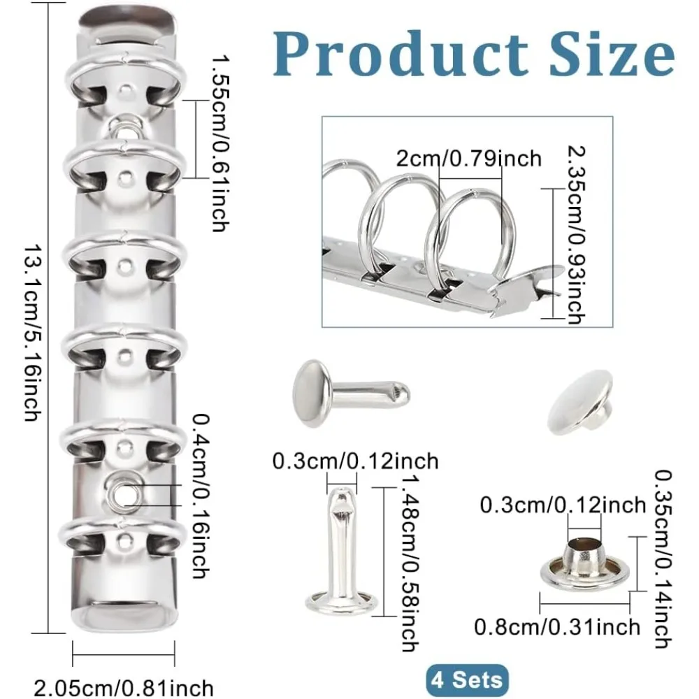 4 Pcs 6 Holes A7 Ring Binder Mechanism Replacement Kit with Screws Stainless Steel Colour Metal Loose-Leaf Binder making kit