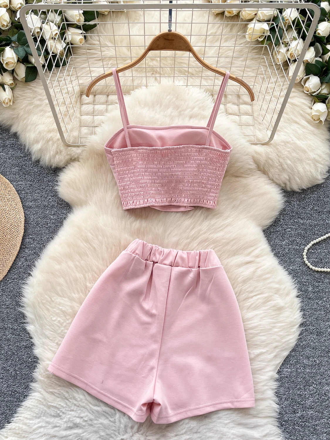 

Summer Casual Pure Desire Women's Faion Set Top Bot Matching Vest Strapl Crop Top High Waist orts Two-Piece Set