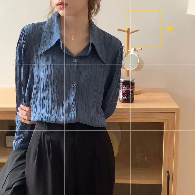 Langarmshirts für Damen, Satin, Button-Down-Blusen, Laternenärmel, gepunktet, plissierter Saum, adrett, feminin, Retro-Französischer Stil