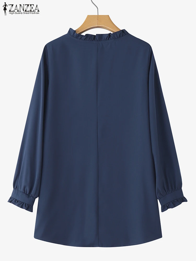 ZANZEA Women Elegant Blouses Fashion Solid Color Tops 2025 Lace-Up Pullover Autumn Office Work Blusas Casual Loose Ruffled Tunic