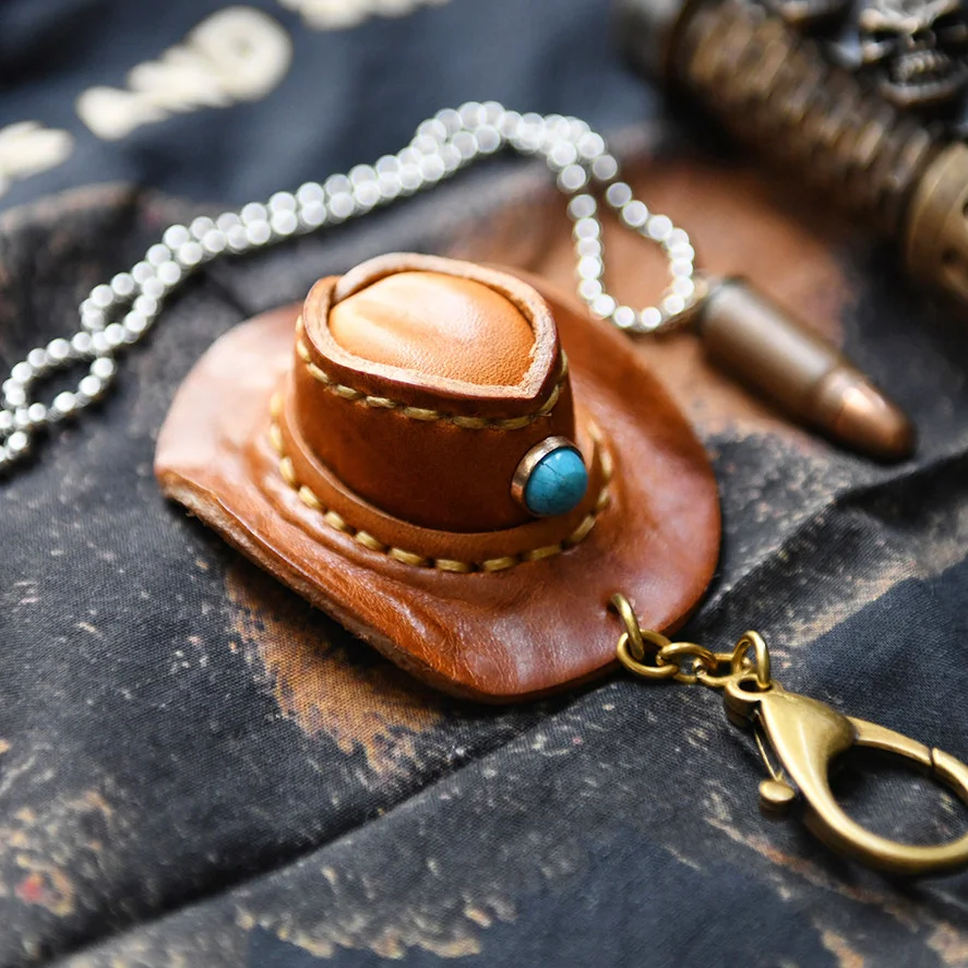 Western Cowboy Handmade Mini Leather Hat Keychain Top Layer Genuine Leather Key Pendant Unisex Couple Bag Charm Car Keyring Gift