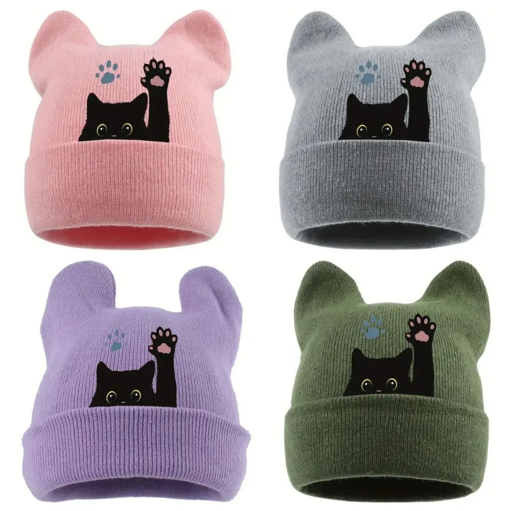 Gifts Knit Cat Ear Beanie Hat Stretchable Y2K Harajuku Winter Knit Hat Punk Gothic Brimless Skull Cap Casual Streetwear