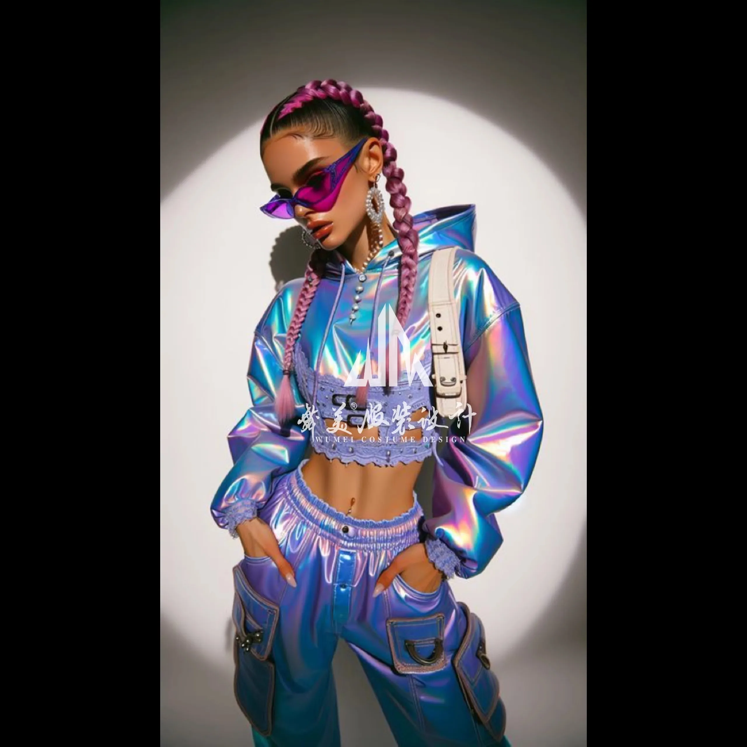 

Fantasy Purple Blue Laser Hooded Sweatshirt Pants 2PCS Set Bar Nightclub Girls Group Hip Hop Singer Party Club Stage Show Outfit