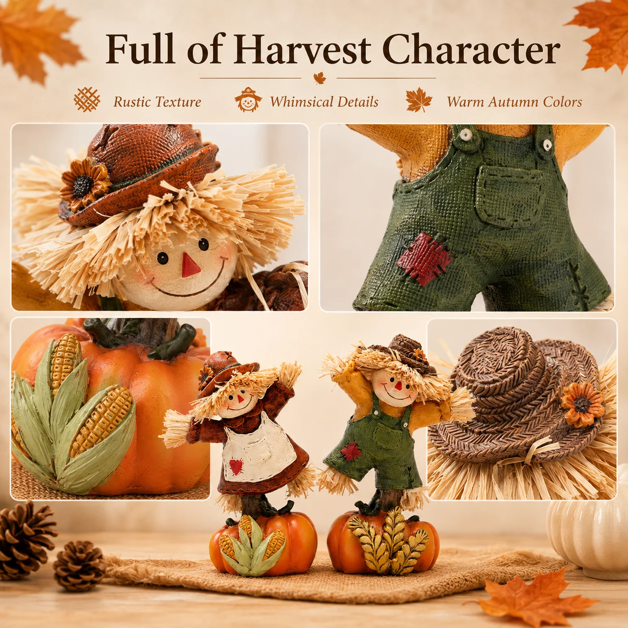 Hodao Set of 2 Fall Harvest Scarecrow Figurines, Resin Thanksgiving Pumpkin Decor, Hand-Painted Dancing Farmer Couple Statue with Cute Sunflower Accents, Fall Collectible Ornament, Seasonal Holiday Gift for Indoor, Patio, and Yard Home Display 5