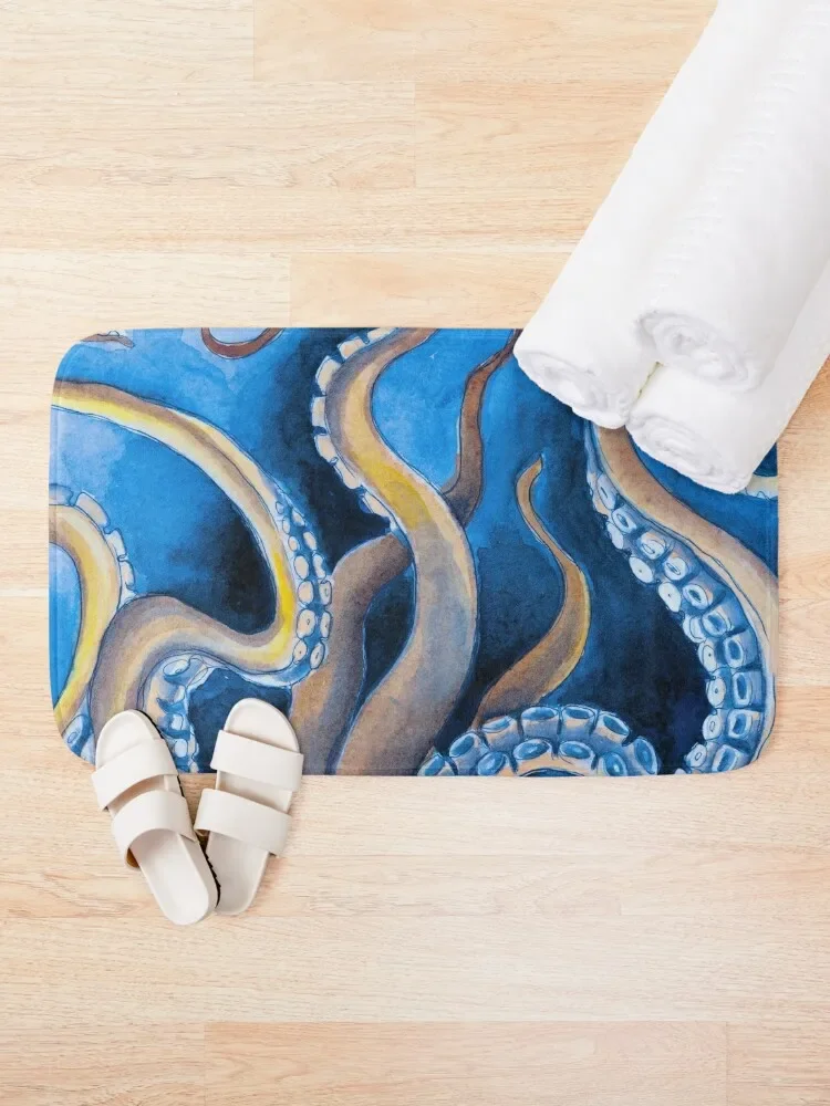 Blue Yellow Tentacles Kraken Octopus Ink Watercolor Bath Mat Bathroom Shower Mat