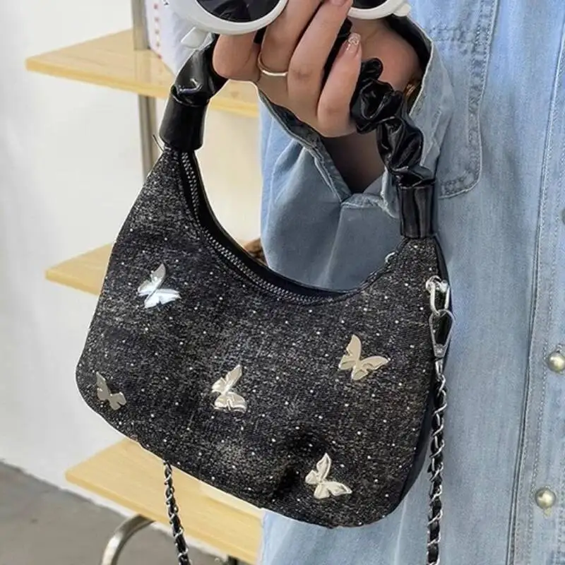 Y2k Sweet Butterfly Patchwork Top-Handle Bags Women Fairy Chain Shoulder Crossbody Bag Kawaii Cute Pleated Purses And Handbags
