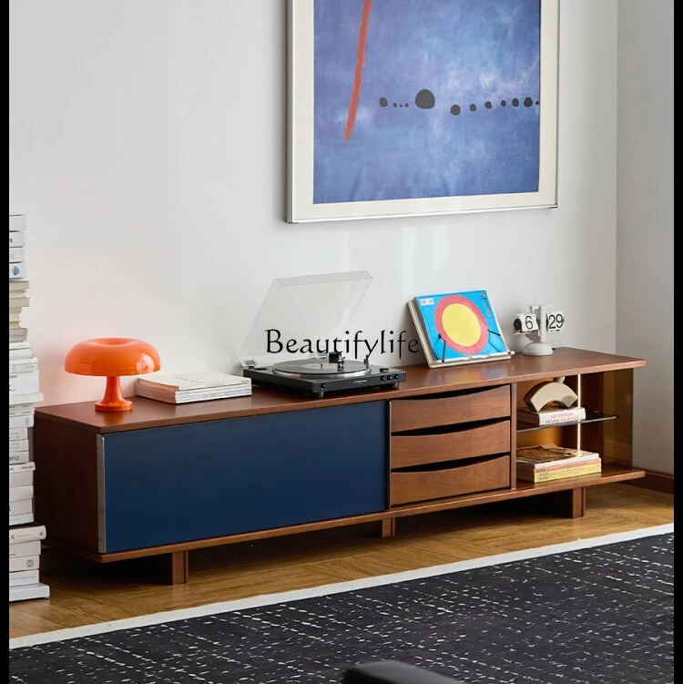 

Vintage Solid Wood TV Cabinet Retro Style Storage Audiovisual Color Block Integrated Cabinet