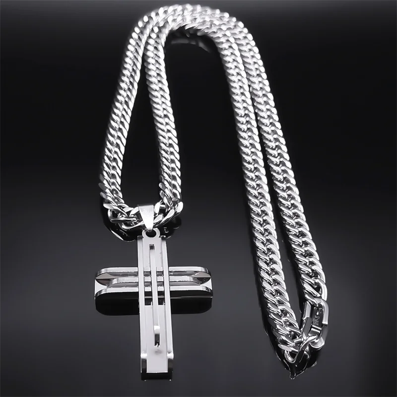 Punk Hip-hop Cross Layered Necklace Men Stainless Steel Silver Color Religious Necklaces Jewelry Party  Anniversary Gift N2356