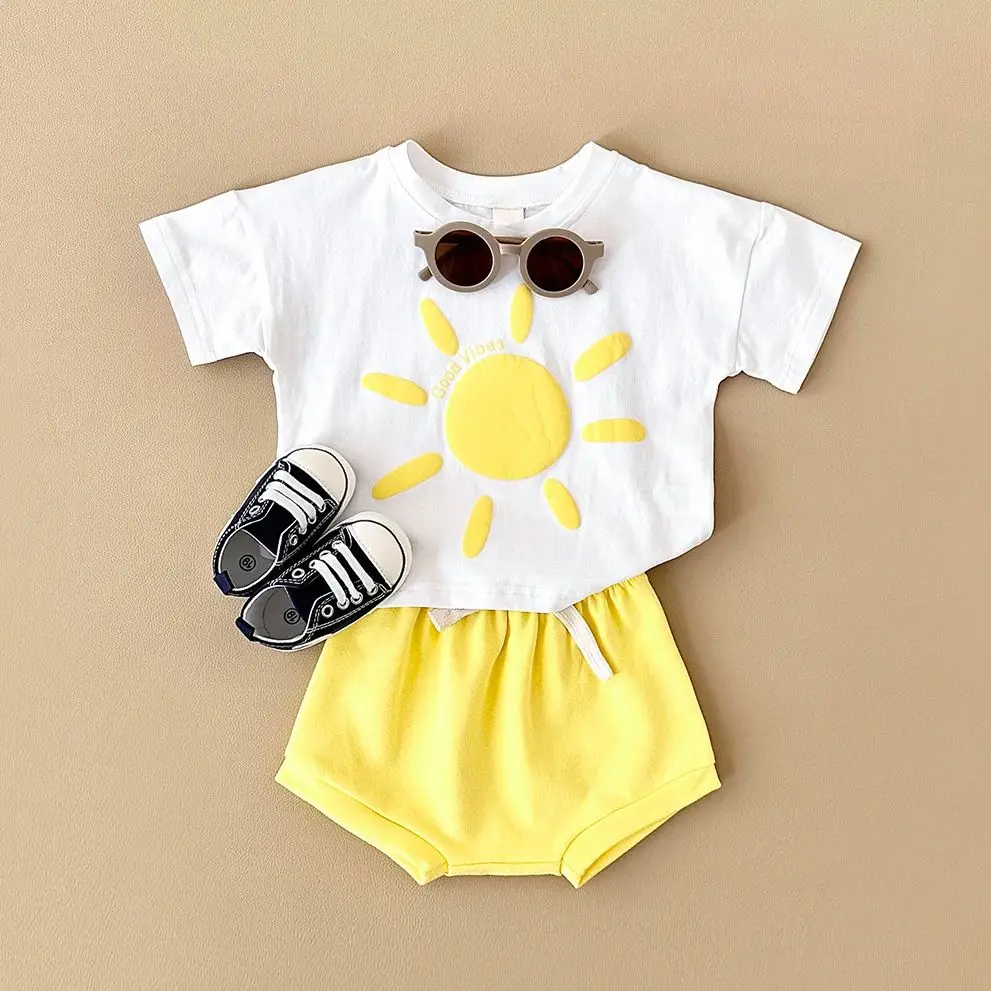 2024 Summer Newborn Girl Clothing Baby Set Flower Print Short Sleeved T-shirt+Beach Shorts Cotton Leisure Vacation Boy Suit 0-3Y