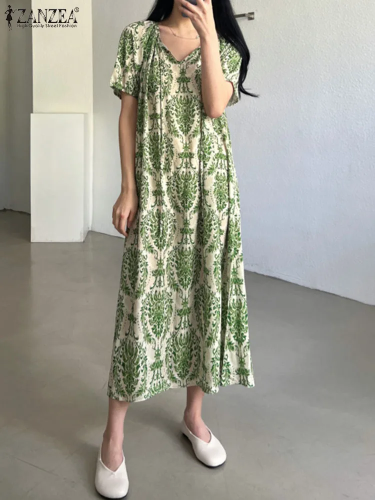 ZANZEA Holiday Summer Maxi Dress Women Fashion Short Sleeve Robe Vintage Printed Bandage O-neck Sundress Casual Loose Vestidos