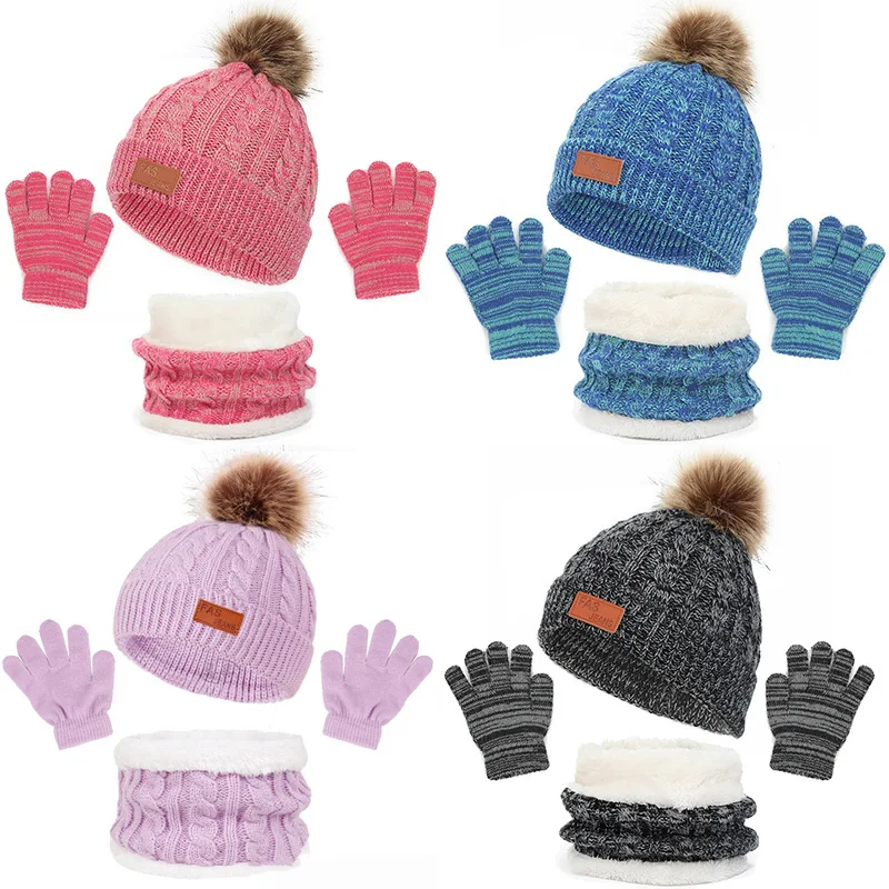 Autumn Winter Baby Knitted Hat Scarf Gloves Set 3PCS Cute Pompom Toddler Infant Bonnet Outdoor Warm Kids Accessories 1-5 Years