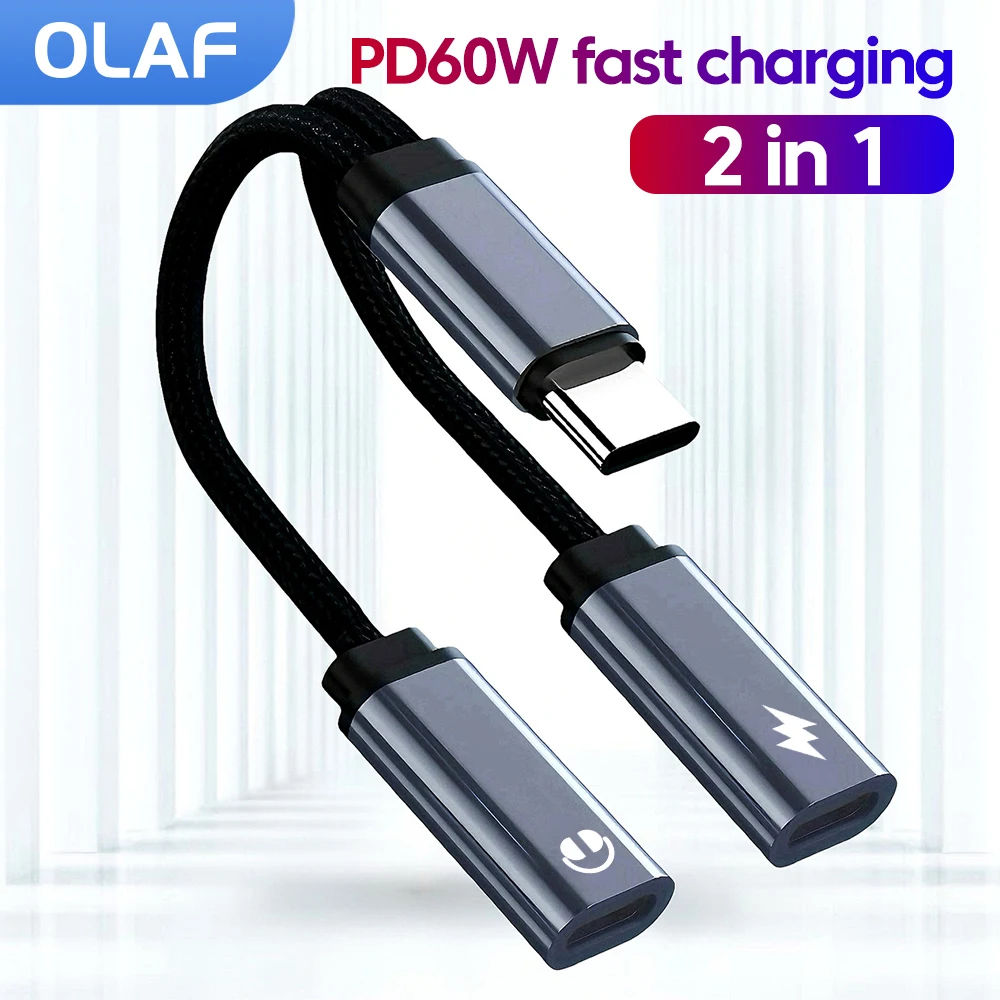 2 in 1 Typ C auf Typ C Audio-Adapter PD 60 W Schnellladeadapter USB C Splitter Kopfhörer Jack Audio-Adapter für iPhone 15 16