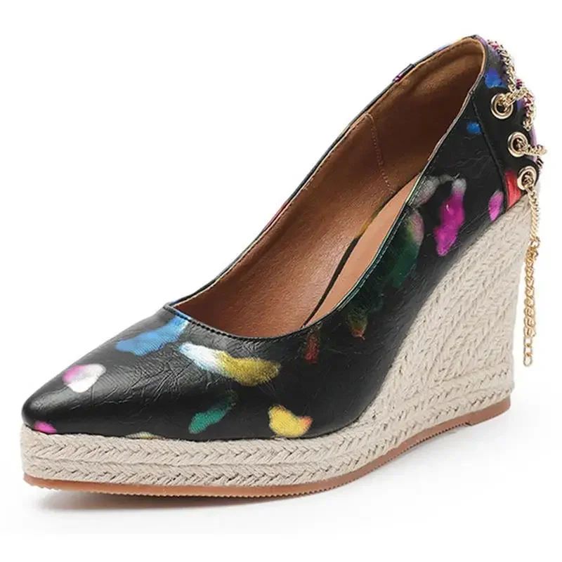 Flower print women wedge shoes pumps platform high heel pointed toe slip on espadrilles shoes party casual comfort shoes