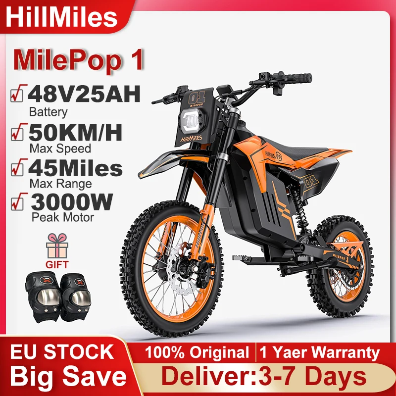 HillMiles MilePop 1 Vélo Électrique Moto Moteur Puissant 3000W Batterie 48V25AH Vitesse Maximale 50KM/H Pneus Tout-Terrain 45 Miles Autonomie Vélo Électrique