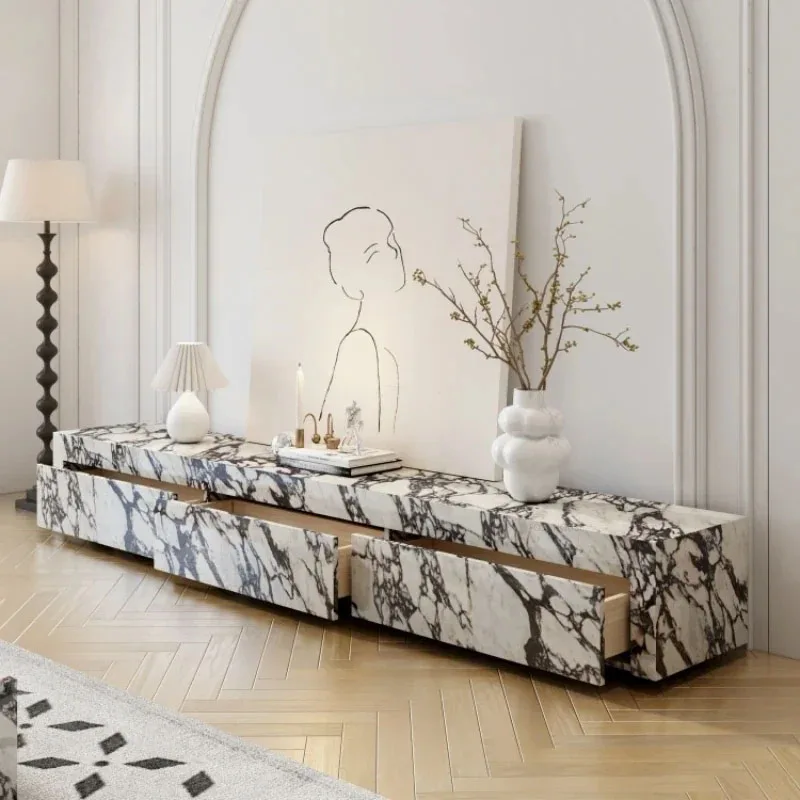 Designer Marble Pattern TV Stands French Living Room Furniture Modern Home Light Luxury Solid Wood Slate TV Cabinet with Drawers