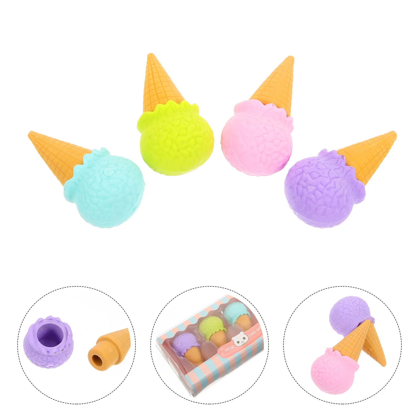 

4pcs Cartoon Ice Cream Mini Portable Pencil Erasers Cute Drawing Accessories For Kids Office School Fruit Shaped Erasers Mini