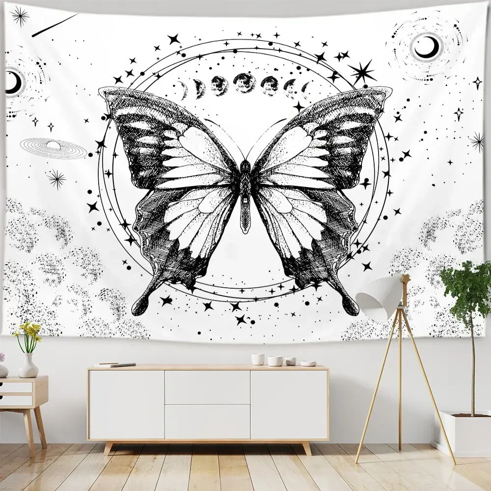 Butterflies and Moths Tapestry Black and White Flower Tapestry Wall Hanging Beach Blanket Romantic Bedroom Dorm Home Decor