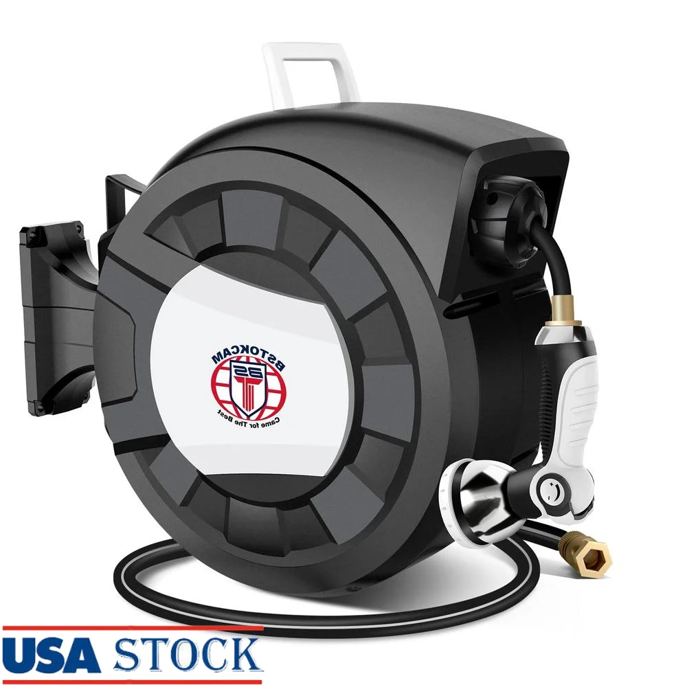 Retractable Garden Hose Reel Hybrid Rubber Water Automatic Rewind 66ft 10 Patterns Nozzle Storage System