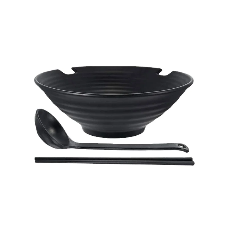

Melamine Frosted Black Notched Bowl With Spoons And Chopsticks Commercial Imitation Porcelain Japanese Tableware