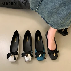 SUOJIALUN 2024 Autumn Women Flat Shoes Ladies Elegant Square Toe Shallow Slip On Ballerinas Shoes Soft Flat Heel Dress Boat Shoe