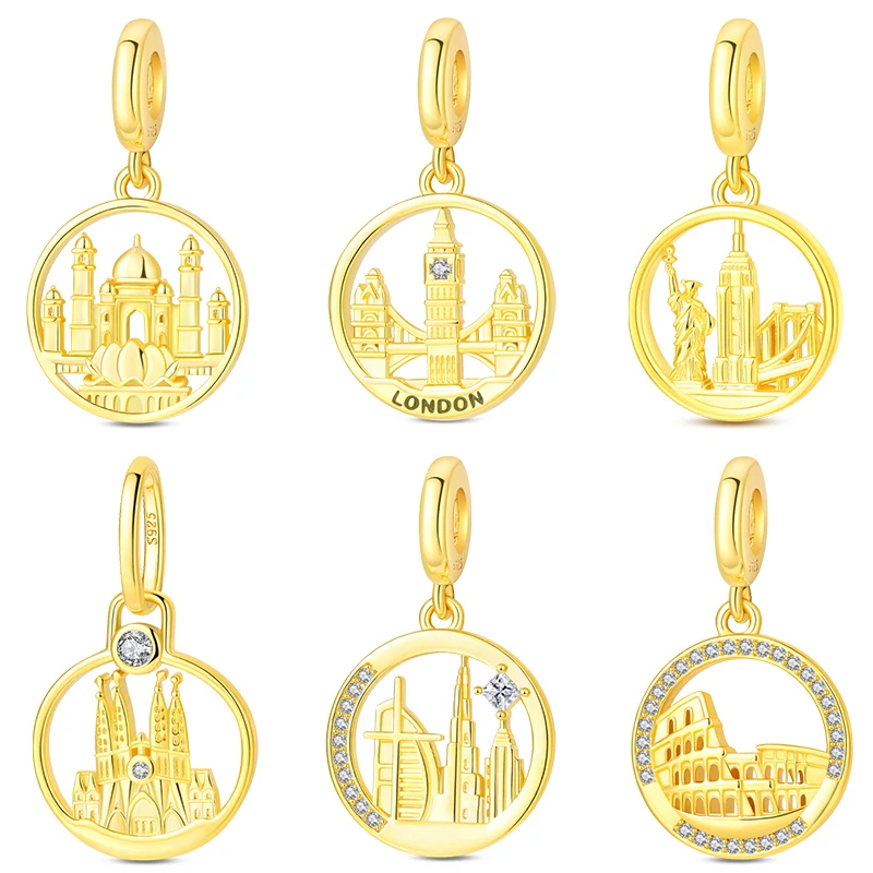 Original 925 Sterling Silber Golden Series Römische Kirche Barcelona New York London Charms Anhänger Feiner DIY Damenschmuck Geschenke