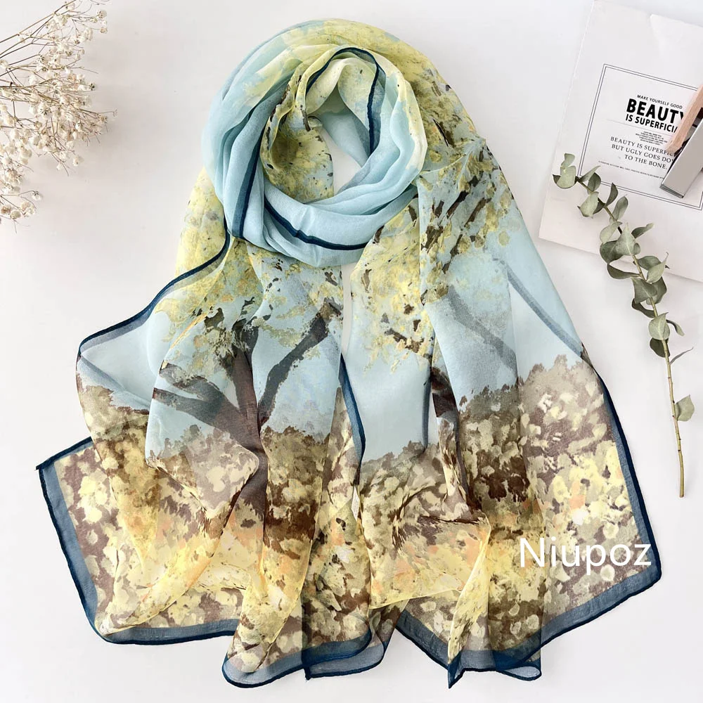 Georgette-Bandana con estampado de bosque de abedul para mujer, pañuelo elegante de gasa con flores de cerezo, protector solar para playa, chal fino