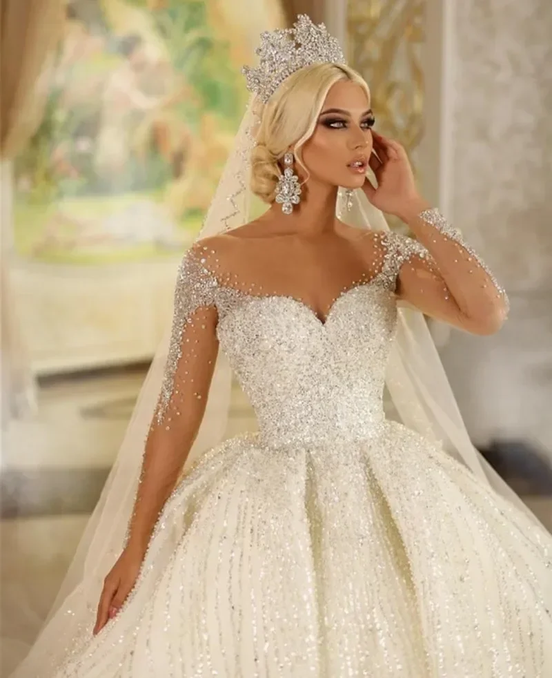 Customized Gorgeous Wedding Dresses For Woman Sequin Beaded Long Sleeves Arabic Dubai Bridal Gowns vestido de noiva