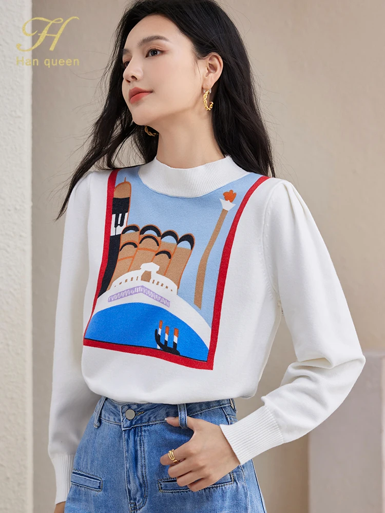 H Han Queen 2023 Autumn Winter Tops Korean Loose Pullovers Sweaters Chic Long Sleeve Prints Knitted Bottoming Sweater Women's