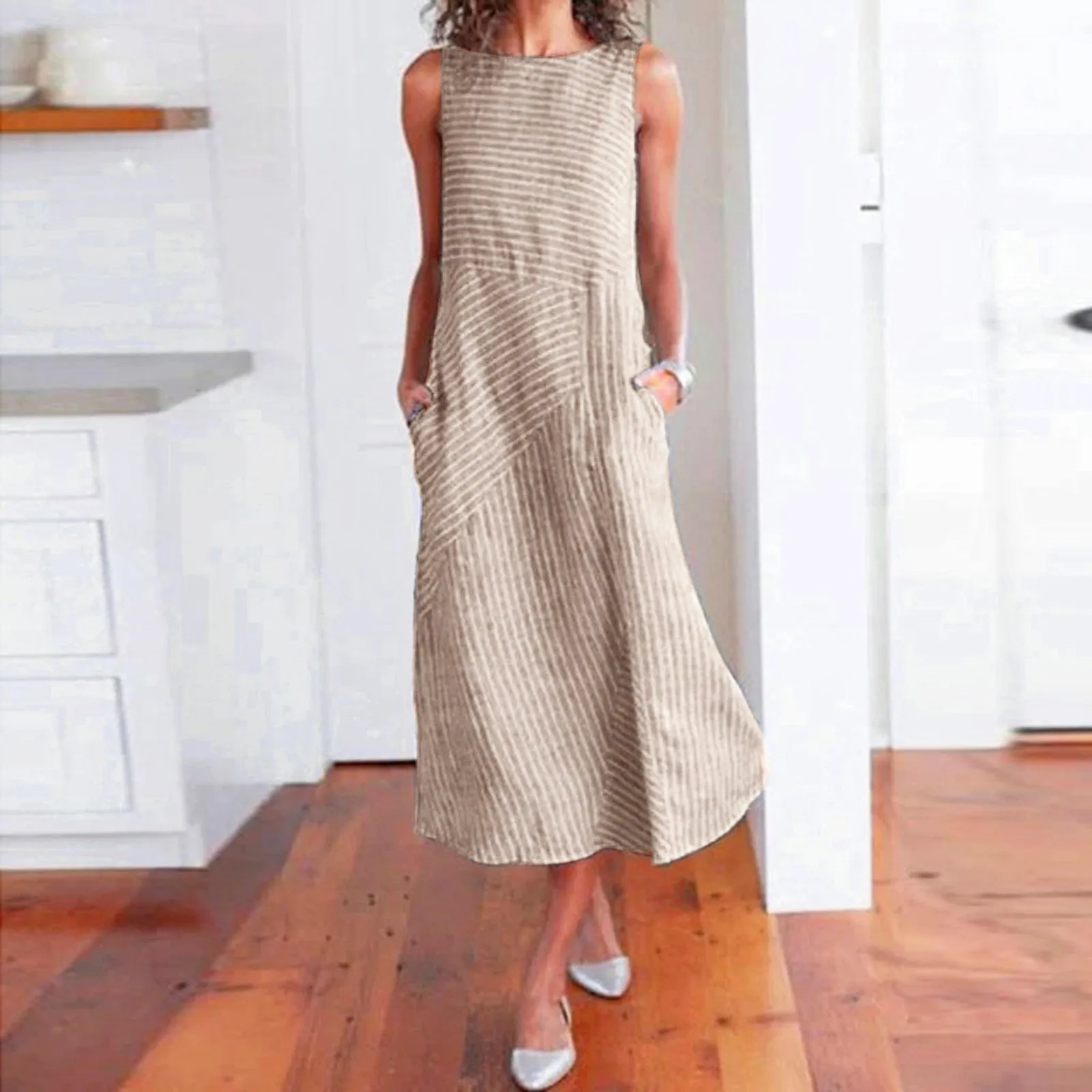 Dresses On Sale Clearance Women'S Casual Loose Striped Cotton And Linen Round Neck Patchwork Dress Women'S Dress Vestidos Largos