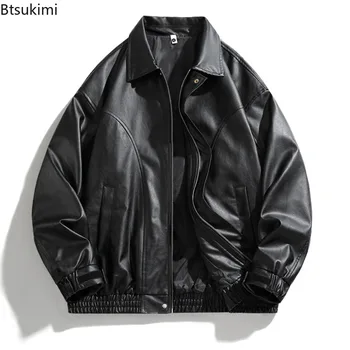 Vintage American Style Men's Leather Jackets High-end Fashion Loose PU Leather Jackets Spring Autumn Casual Coats Man Streetwear