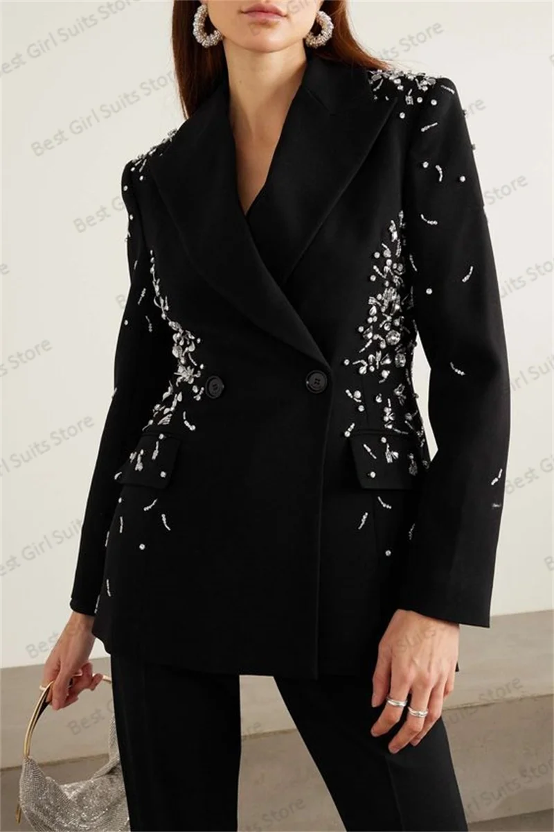 Terno feminino com 2 peças, conjunto blazer, jaqueta e calça, smoking preto formal, feito sob medida, casaco elegante para casamento, vestido de formatura, cristais designer