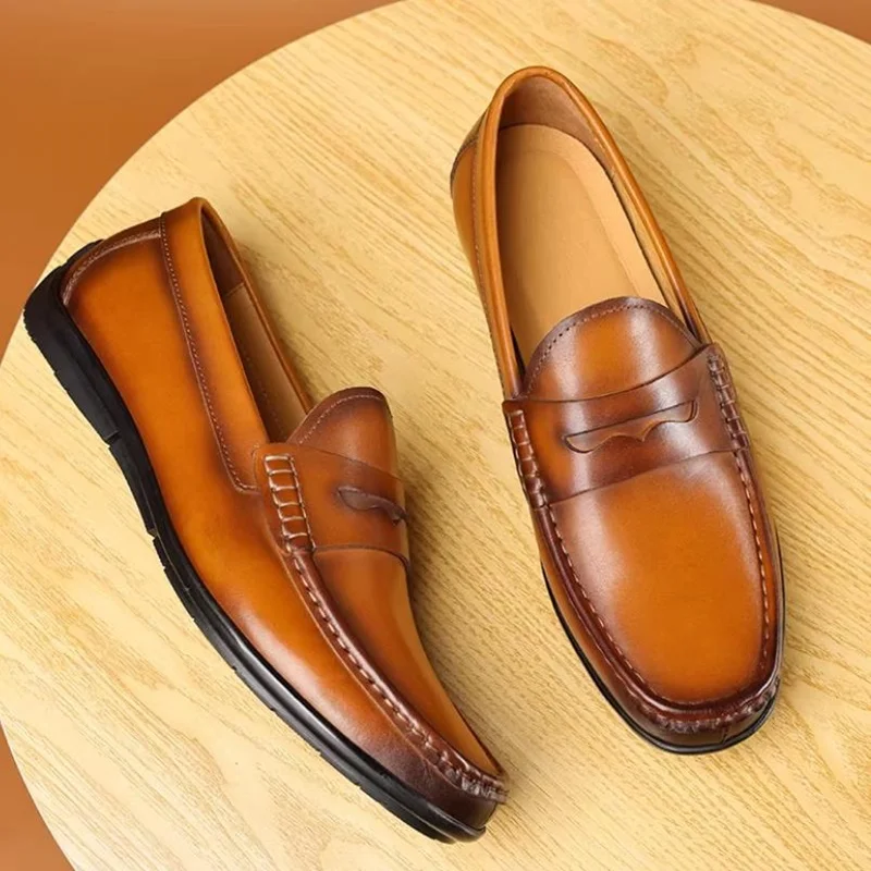 High Quality First-layer Cowhide Slip-on Casual Leather Shoes For Men Comfortable Square-toe Loafers Men Mocasin