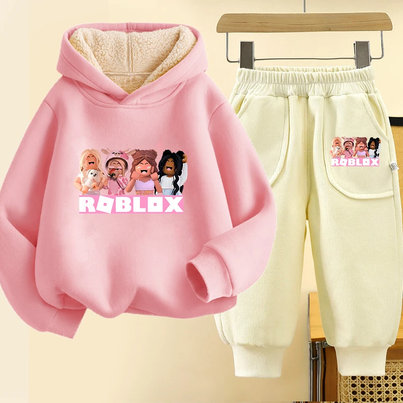 Roblox Children Thick Sportswear Set Girl Boy Anime Cotton Hoodie Casual Plush Long Sleeve Top+Pants 2pcs Kid Sportsuit Clothes