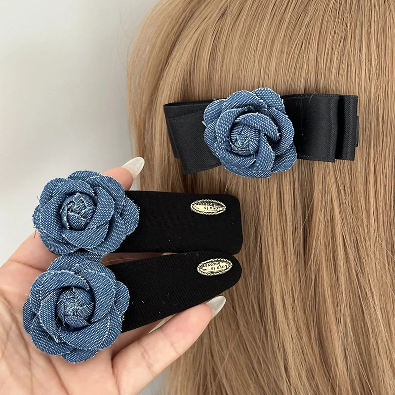 New Denim Flower Hair Clips Barrettes Geometric Fabric Bow Knot Bang Side Pins Cute Sweet Korean Women Girls Hair Accessories