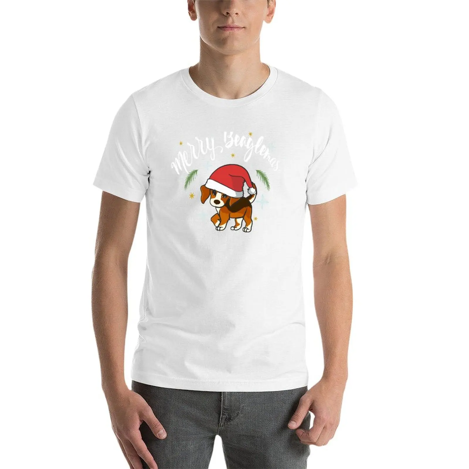 メリービーグルマス クリスマス サンタ帽子をかぶったかわいいビーグルの子犬 Tシャツ 面白いTシャツ 男性用プリントTシャツ 男性用Tシャツ