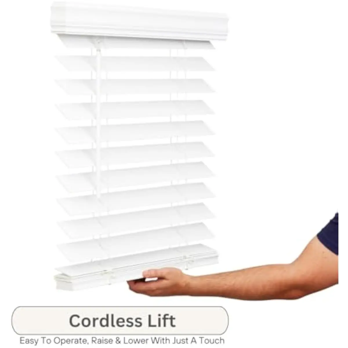 2.5-inch Cordless Faux Wood Blind in Bright White PVC – 34 W x 60 L Inches – Room-Darkening Slats – Smooth Finish – Inside or Ou