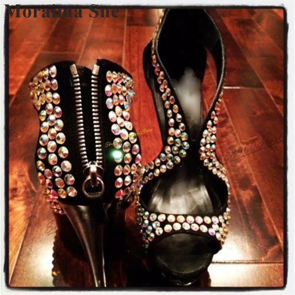Stylish Sparkling Black Crystal Decor Sandals Thin High Heel Shoes For Women Back Zipper Peep Toe 2024 Sexy Zapatos Para Mujere