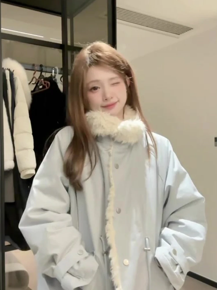 2025 Winter Thickened Cotton Jacket Short Warm Outerwear Light Blue Korean Style Commute Loose Fit Women's Coat